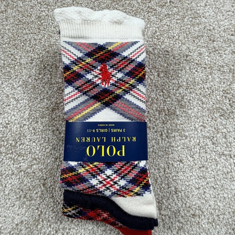 Polo Ralph Lauren Girls 3 Pack Crew Socks Plaid Navy Cable Knit Size 9-11 NEW